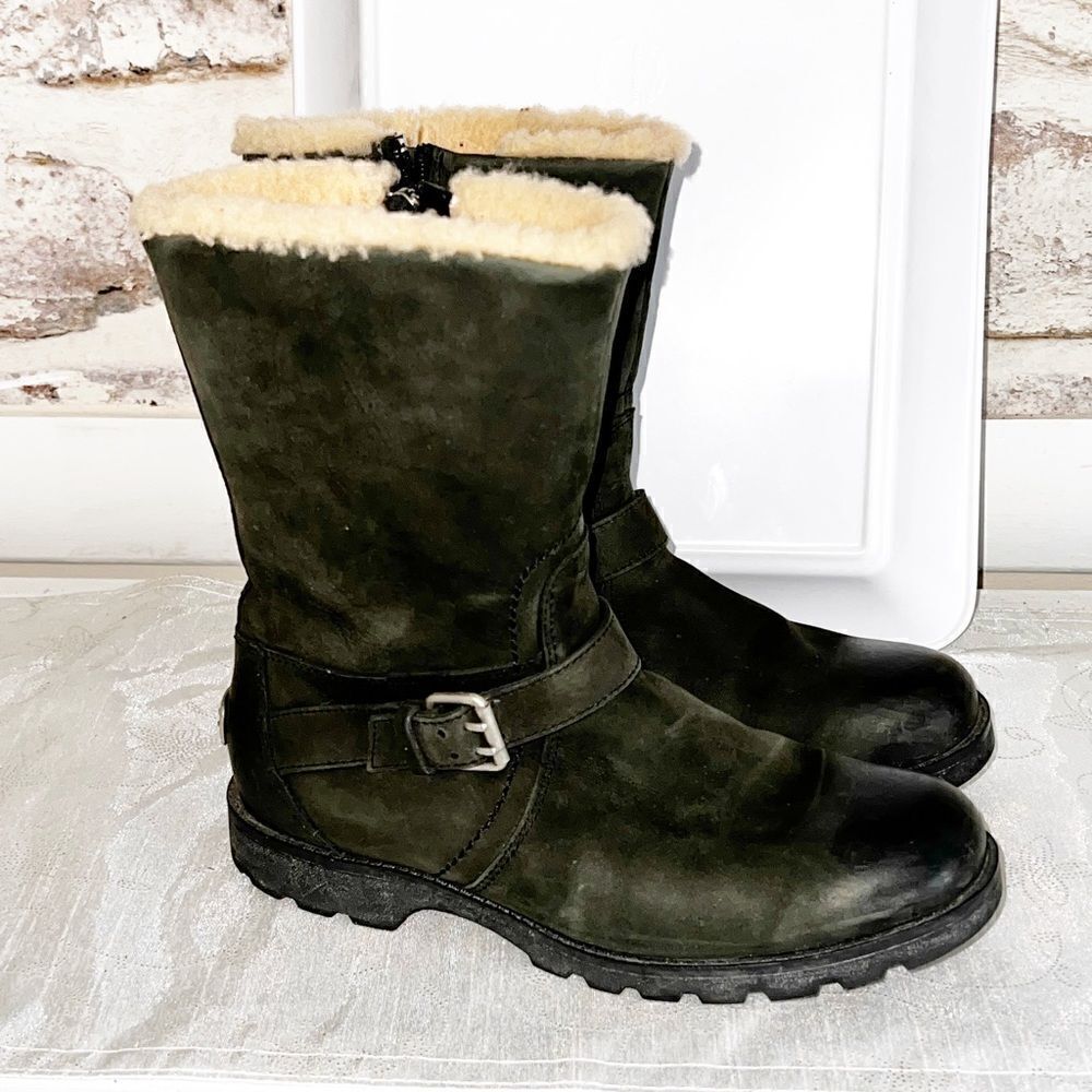 Ugg Chantay womens nubuck Biker Style Shearling Lined Winter boots Black Sz 6.5